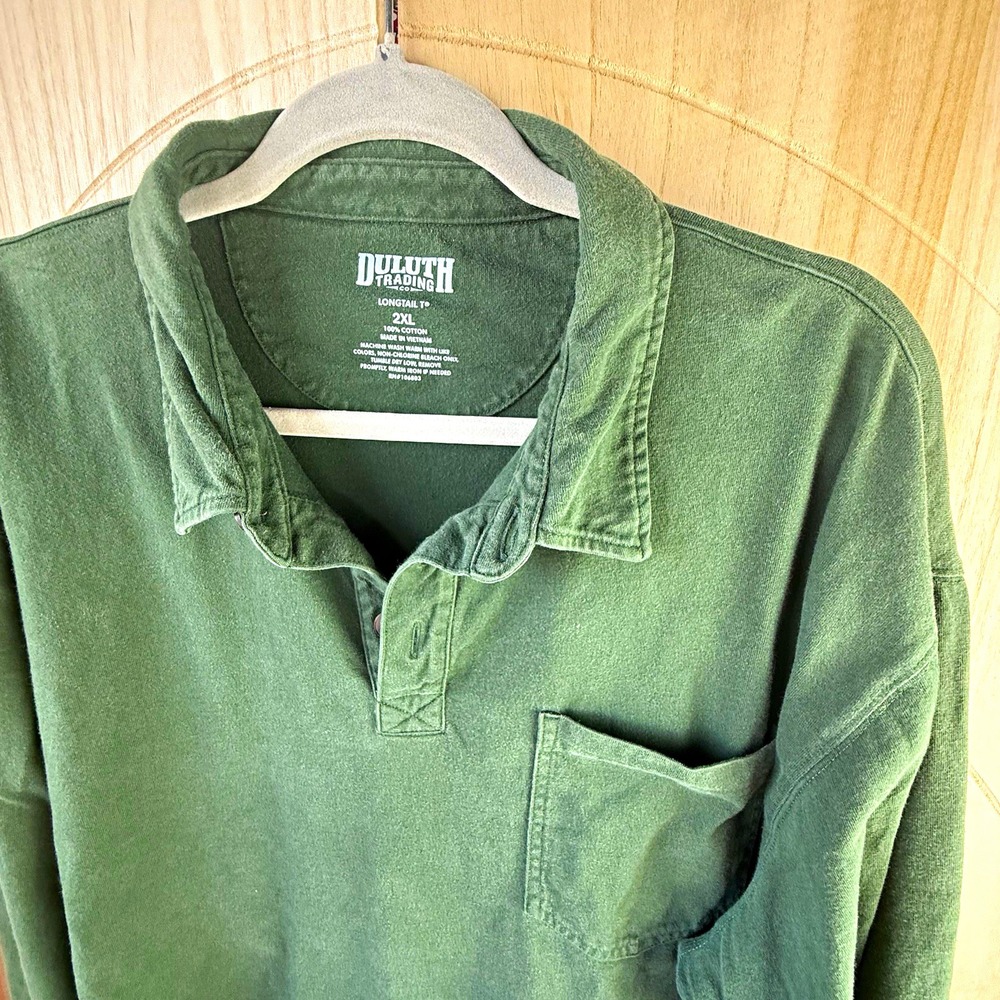 Duluth Trading Co Longtail T 2XL Green Long Sleeve Polo Shirt Pocket Gorpcore